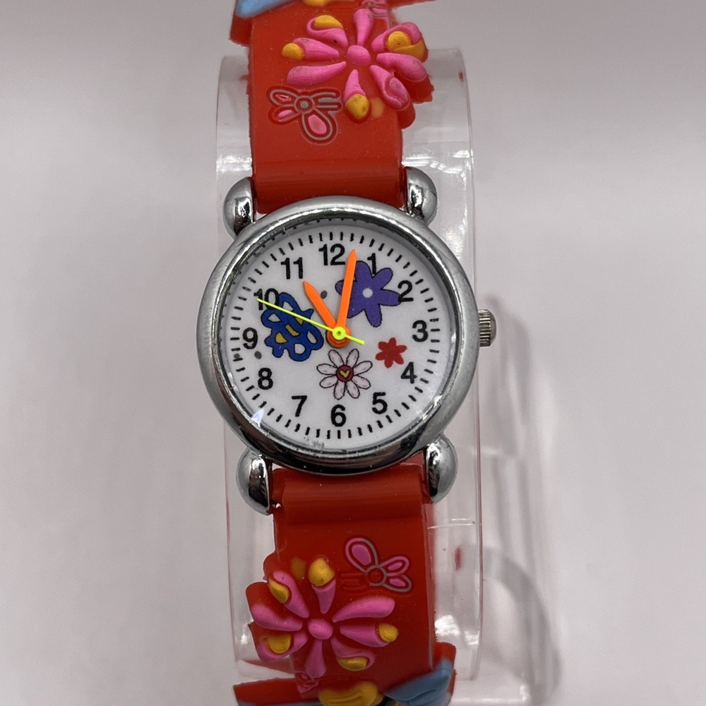 Children's Bees & Flowers Quartz Watch Red Band Silver Case- New Battery